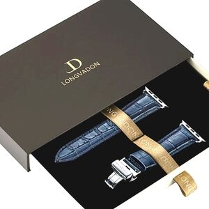 Longvadon Watchband Blue Leather Apple Watch band Silver Clasp 1-9, Ultra 1 & 2